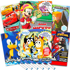 Bendon Imagine Ink boys bundle cover shows six licensed characters for mess-free coloring.