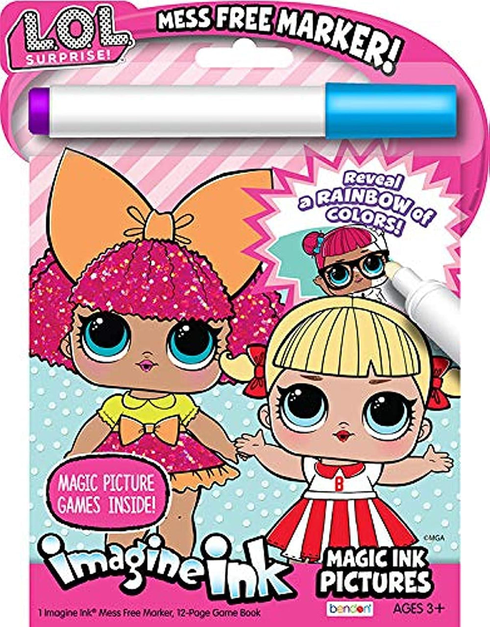 Bendon LOL Surprise Imagine Ink coloring book with mess-free markers for kid-friendly creativity.