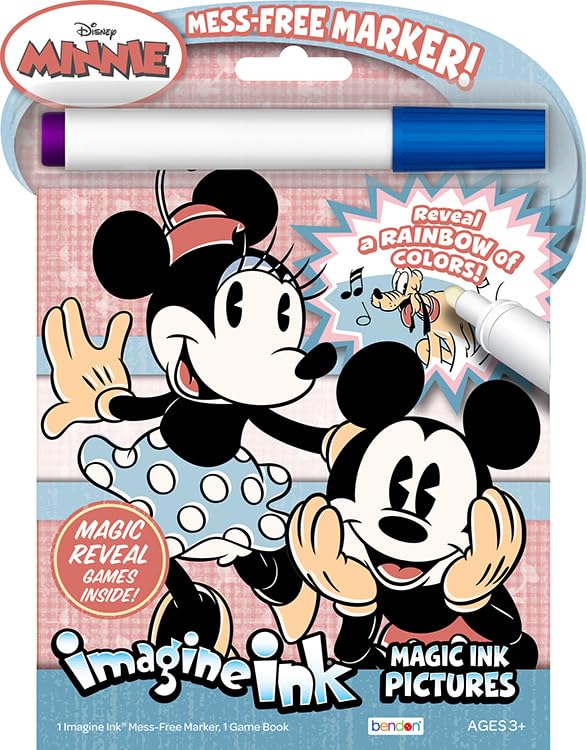 Bendon Minnie Mouse Imagine Ink cover featuring vintage and modern designs for mess-free coloring.