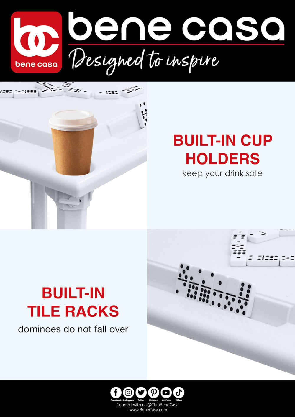 Bene Casa drinks holder secures beverages away from the game area to prevent spills.