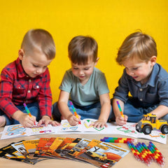 BenLouis construction coloring book display as party favors for a birthday celebration.