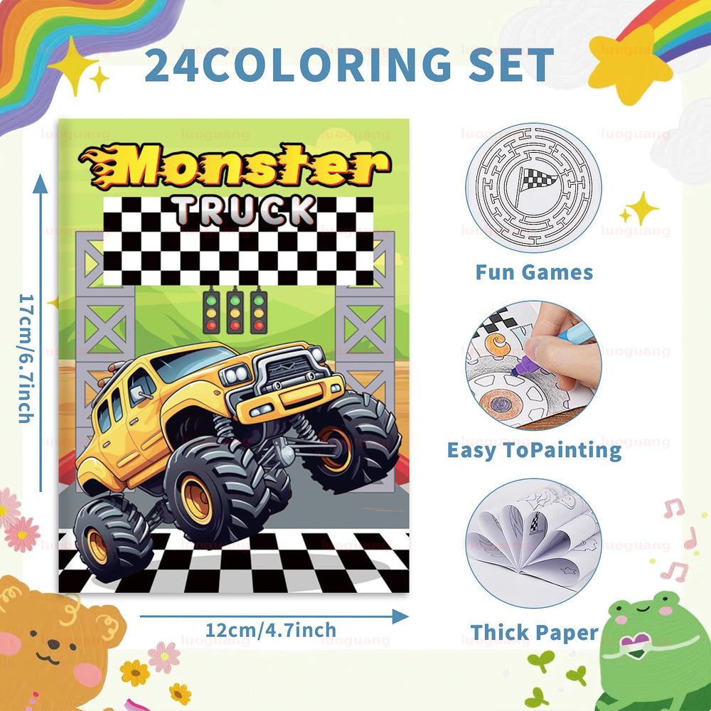 BenLouis monster-truck coloring books page spread, great travel activity for kids