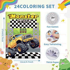 BenLouis monster-truck coloring books page spread, great travel activity for kids
