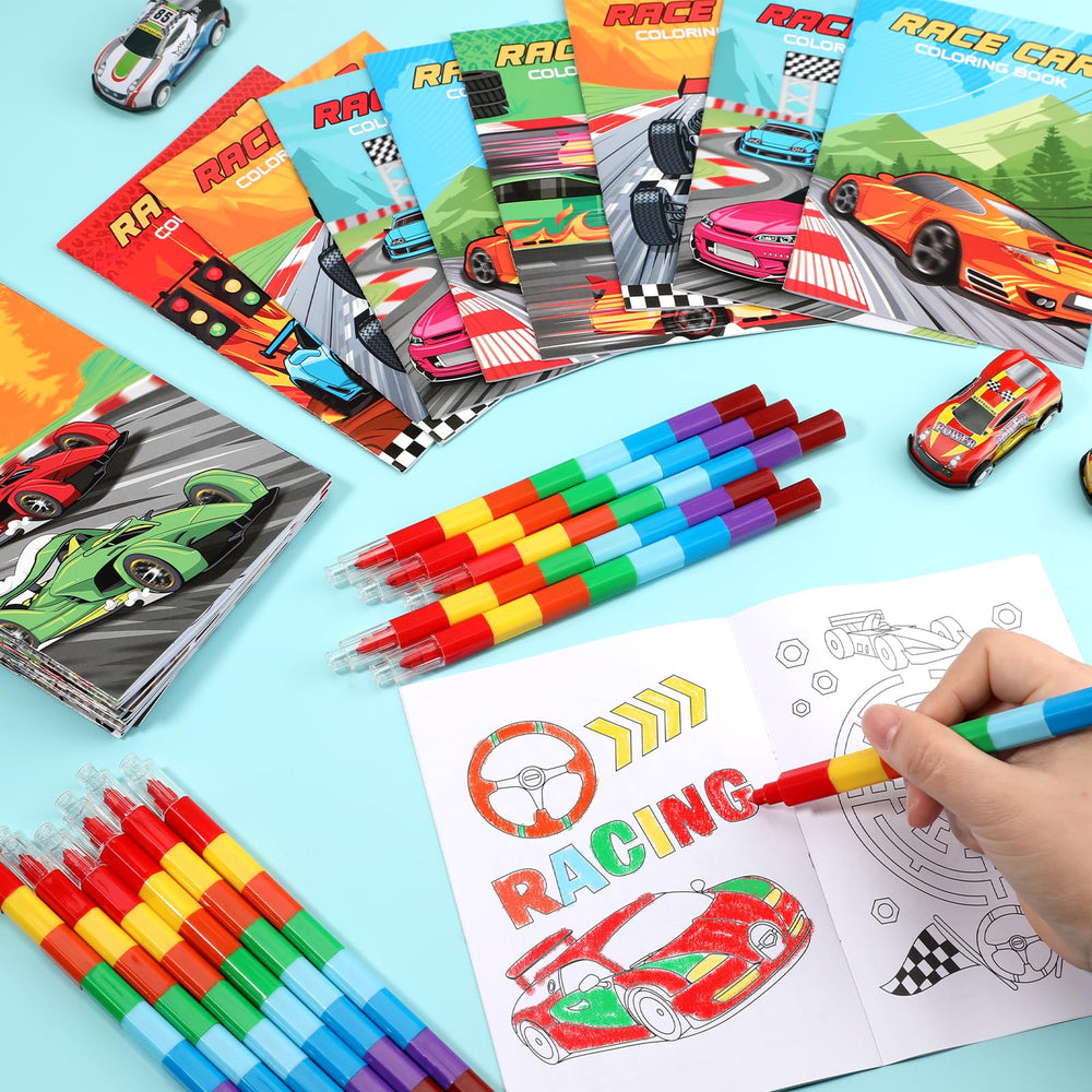 Open pages of BenLouis race car coloring book showing double-sided printing