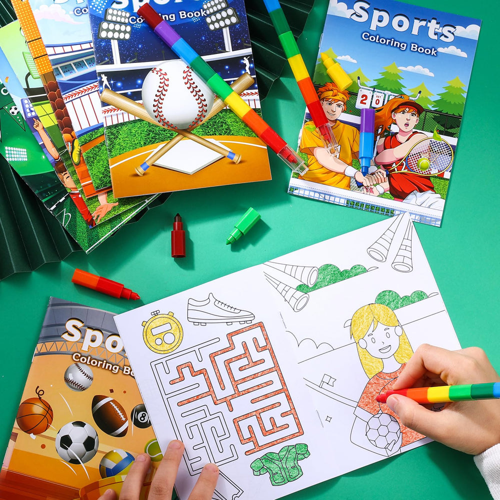 Preview pages of BenLouis sports mini coloring books show football, basketball, soccer, baseball designs for kids