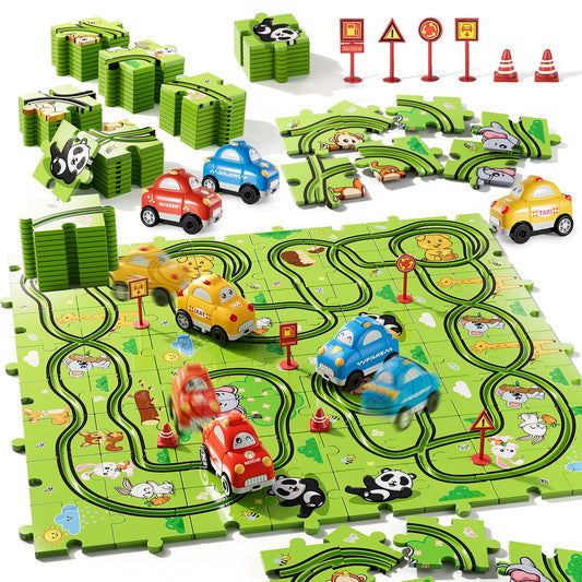 Bennol 73-piece puzzle race track assembly for kids enhances problem-solving during play.