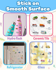 Open pages of Benresive book showing vehicle stickers for creative play.