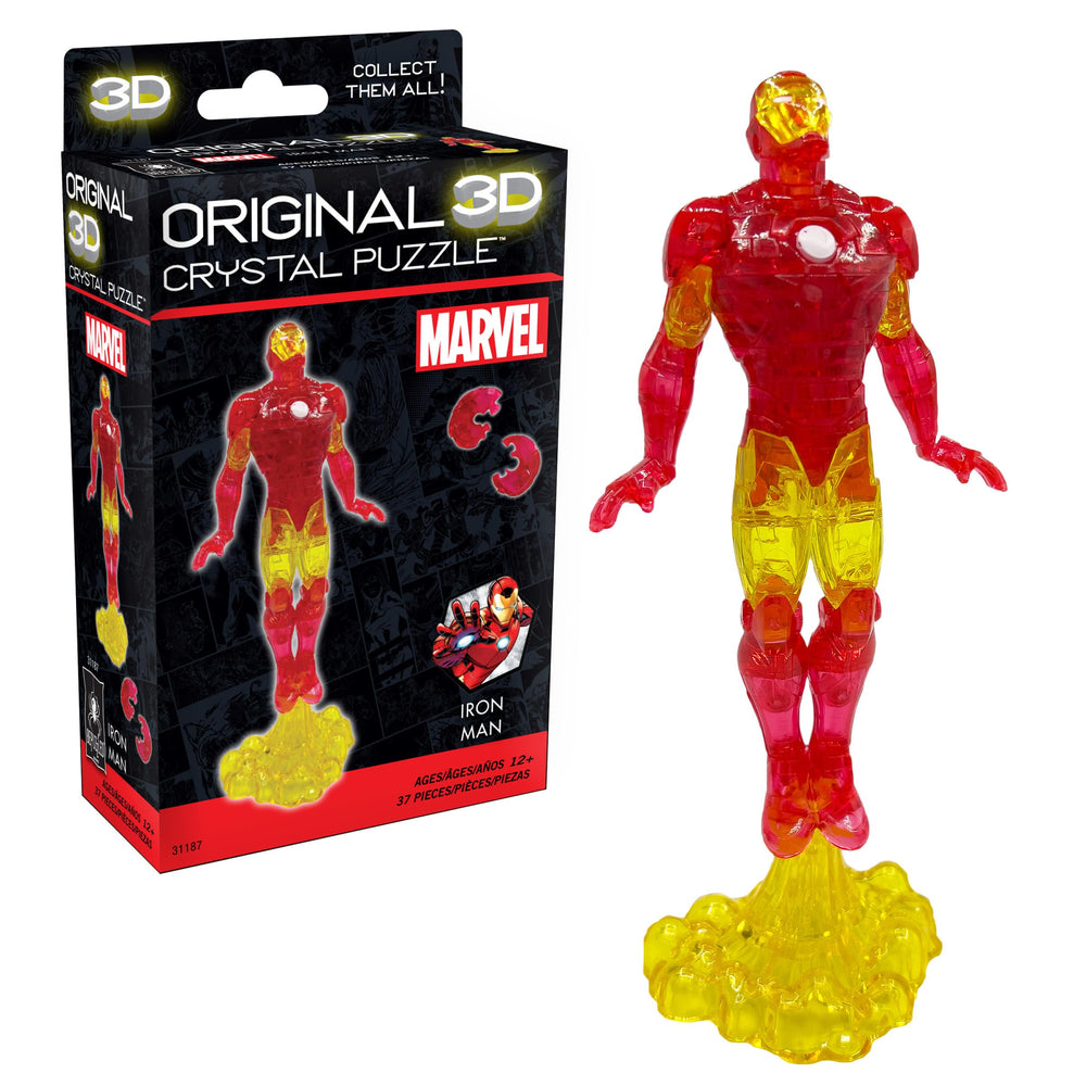 BePuzzled Marvel Iron Man 3D crystal puzzle cover shows sleek translucent silhouette, ideal for display.