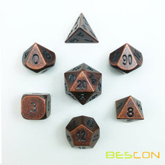 Bescon antique copper polyhedral dice close-up for precise role-playing rolls.