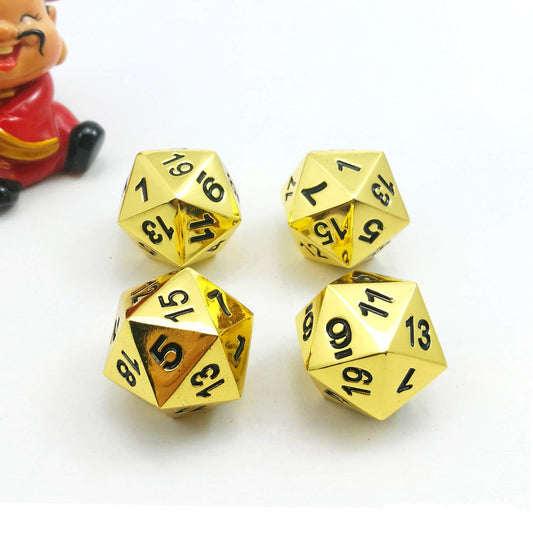Bescon Deluxe Golden Metal D20 dice displayed in a tray for durable RPG sessions