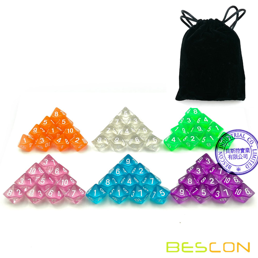 Bescon DICE 60pcs translucent D10 clear set for versatile play