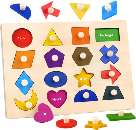 Besslly wooden shape peg puzzle with colorful pieces supports early shape recognition.