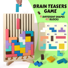 BESTAMTOY tangram wooden blocks arranged on pattern cards forming new designs.