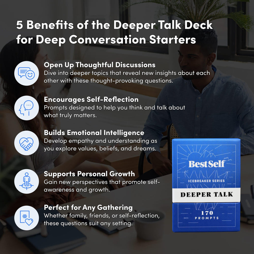BestSelf Icebreaker Deeper Talk Deck cards on table inviting open dialogue during game night.
