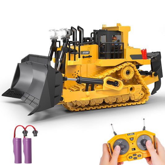 BEWEAI RC Bulldozer with metal blade and lights for lifelike construction play