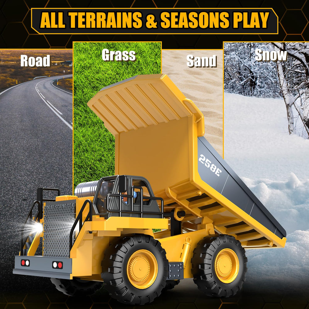 BEWEAI RC Dump Truck powered by two rechargeable batteries for longer sessions.