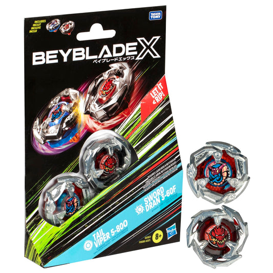 Beyblade BBX Tail Viper and Sword Dran ready for quick assembly and action.