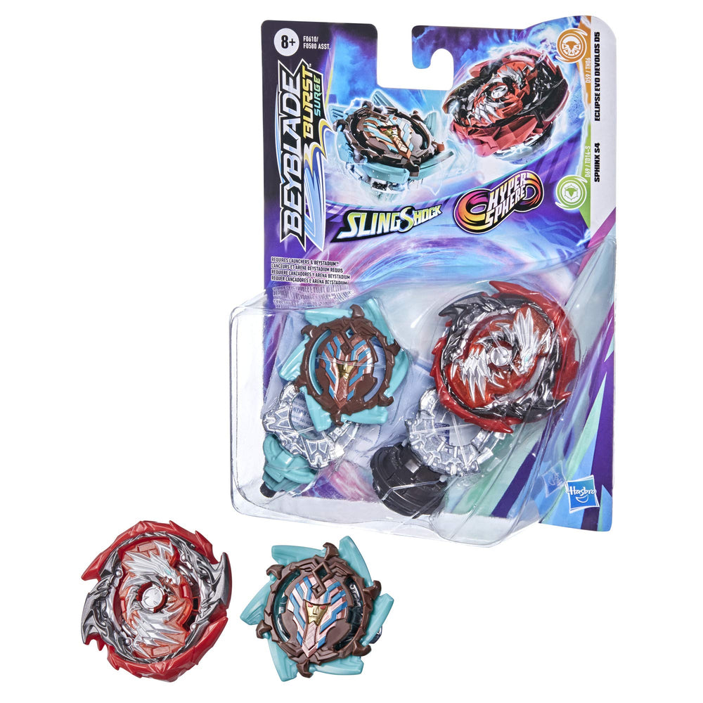 Beystadium-ready launcher and tops for mixed Beyblade play.