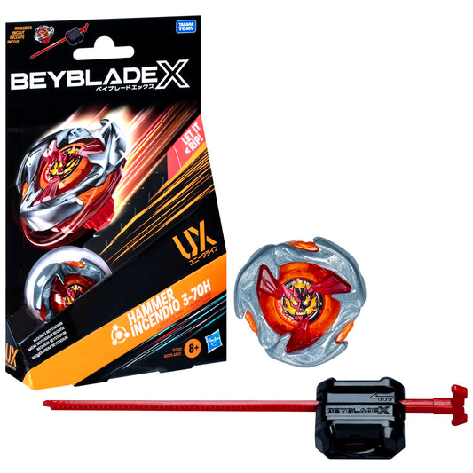 Beyblade X Hammer Incendio top in action with durable die-cast metal.