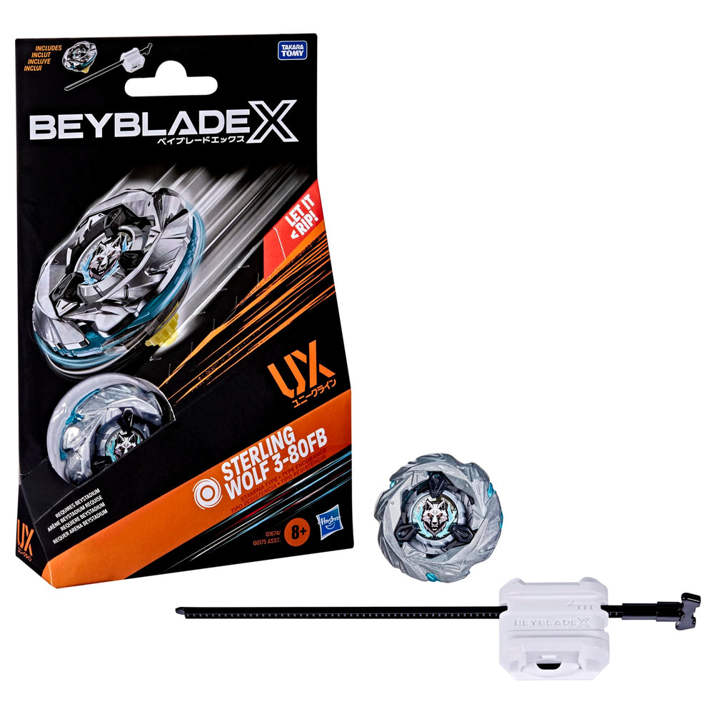 Beyblade X Sterling Wolf 3-80FB UX starter pack ready for battle.