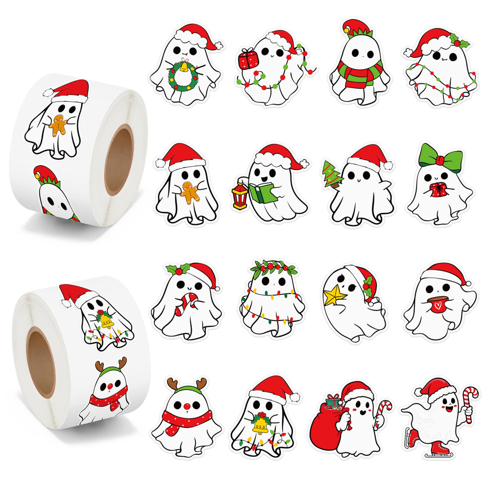 BeYumi Christmas ghost stickers roll 1 with Santa hats for festive crafts.