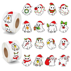 BeYumi Christmas ghost stickers roll 1 with Santa hats for festive crafts.