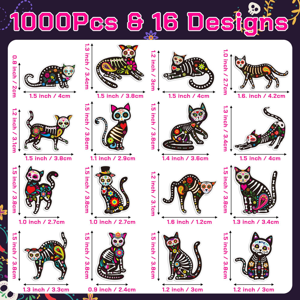 BeYumi Skeleton Cat Roll Stickers, diverse poses, great for festive walls and bottle decorations.