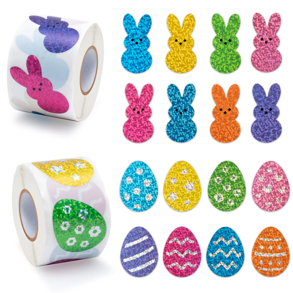 BeYumi Easter laser bunny stickers offer vibrant, holographic shine for colorful egg decorating.