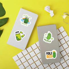 BeYumi glossy finish on pickle stickers emphasizes bright color and durability