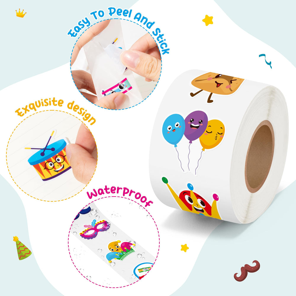 BeYumi waterproof vinyl Purim stickers endure on bottles and notebooks.
