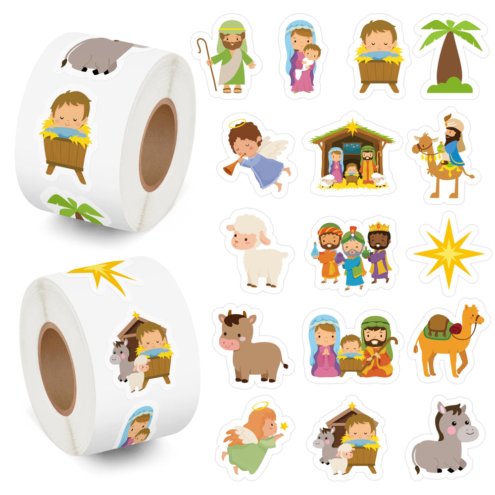 BeYumi nativity scene sticker roll on Bible pages adds festive reminders.