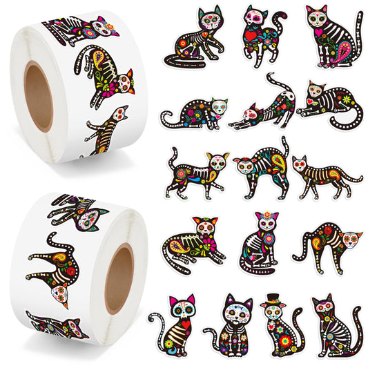 BeYumi Skeleton Cat Roll Stickers two-roll set, 500 per roll, ideal for party decor and quick DIY crafts.