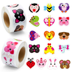 BeYumi Valentine heart stickers roll 1 with playful animals for greeting card decoration.