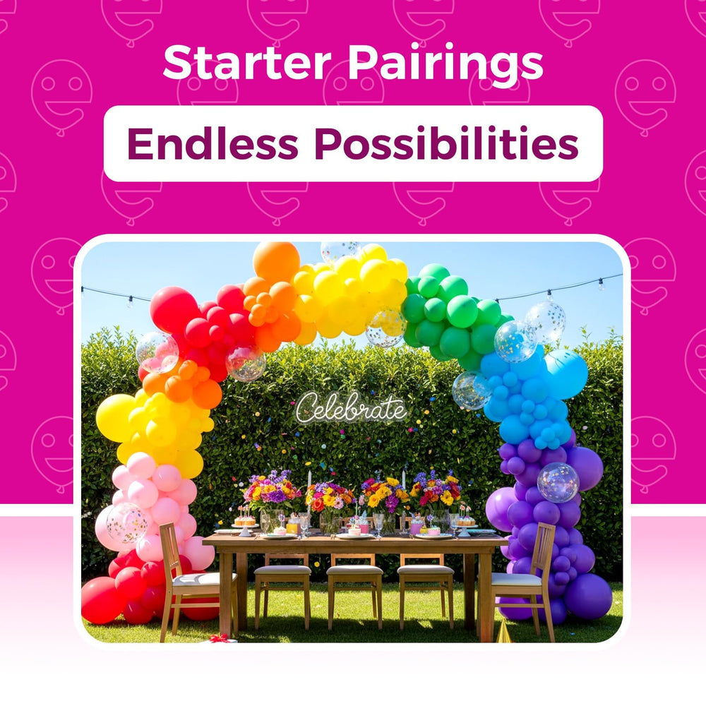 Bezente assorted balloons help craft rainbow arches and centerpieces.