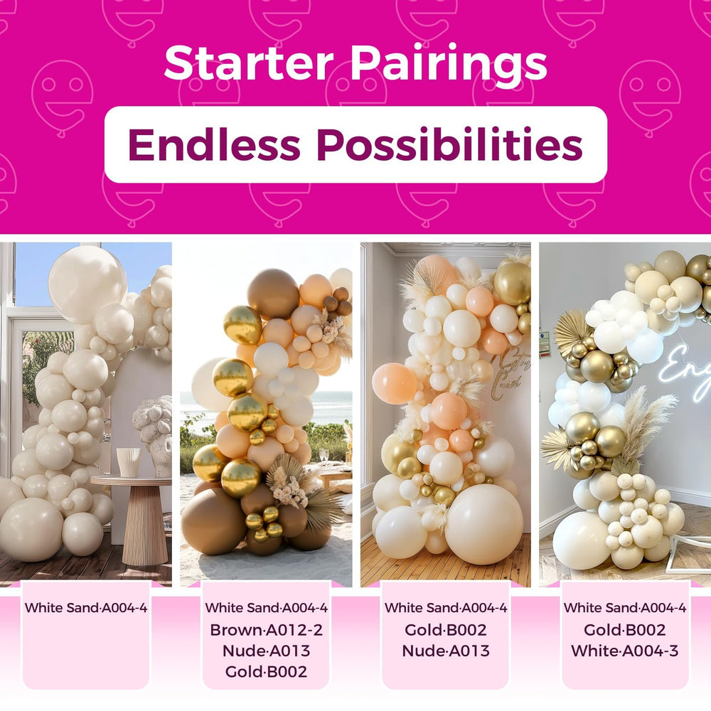Bezente White Sand balloons used in wedding decor for arches and centerpieces.