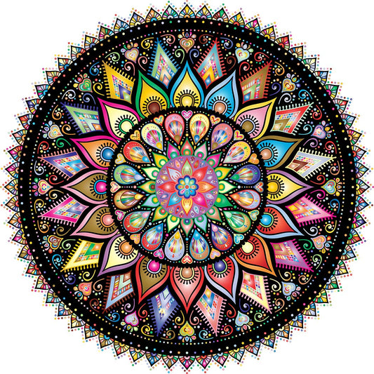 Bgraamiens puzzle: geometric colorful mandala, round 1000-piece design for a challenging family activity.