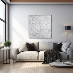 Completed 24x24 inch Bgraamiens The Lines puzzle on display.
