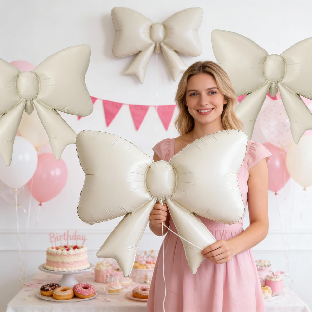 Biapian cream bow balloon with ribbon for quick party decoration