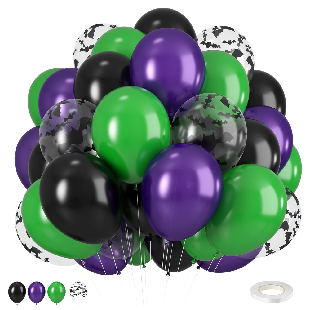 Biapian Halloween balloons with green, black and purple bat print for festive party decor.