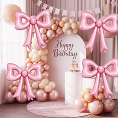 Biapian pink bow foil balloons elevate baby shower and birthday party vibes.