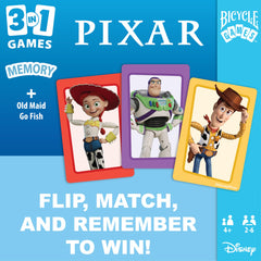 Game-night setup image for Bicycle Disney Pixar 3-in-1 cards highlights easy setup