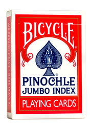 Bicycle Jumbo Pinochle deck shows extra top pips for easier set matching.