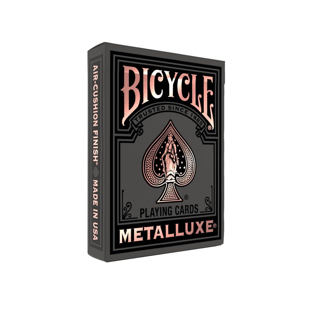 Bicycle Metalluxe tuck box with gold accents for display.