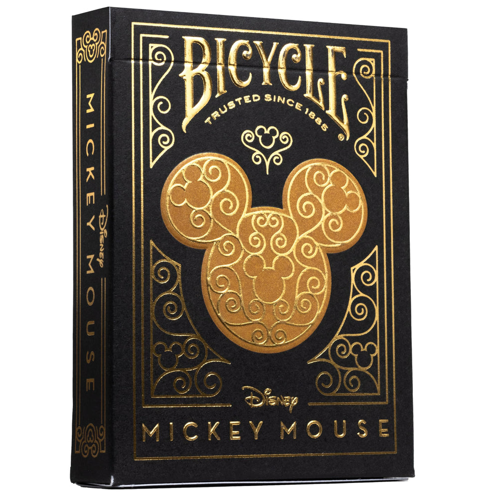 Bicycle Mickey Black & Gold playing cards back with metal foil for premium aesthetics.