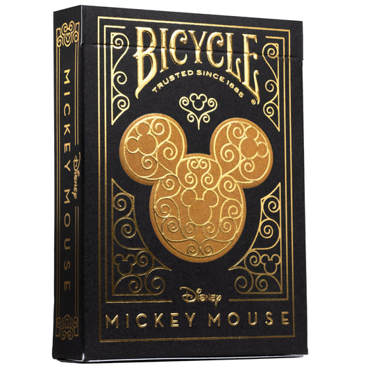 Bicycle Mickey Black & Gold playing cards back with metal foil for premium aesthetics.