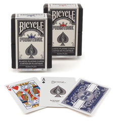 Bicycle Prestige plastic cards in red and blue offer durable, smooth gameplay for frequent shufflers