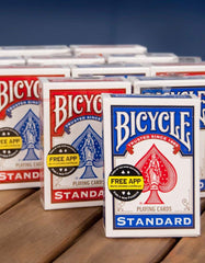 Product packaging of Bicycle cards on shelf communicates quality and heritage