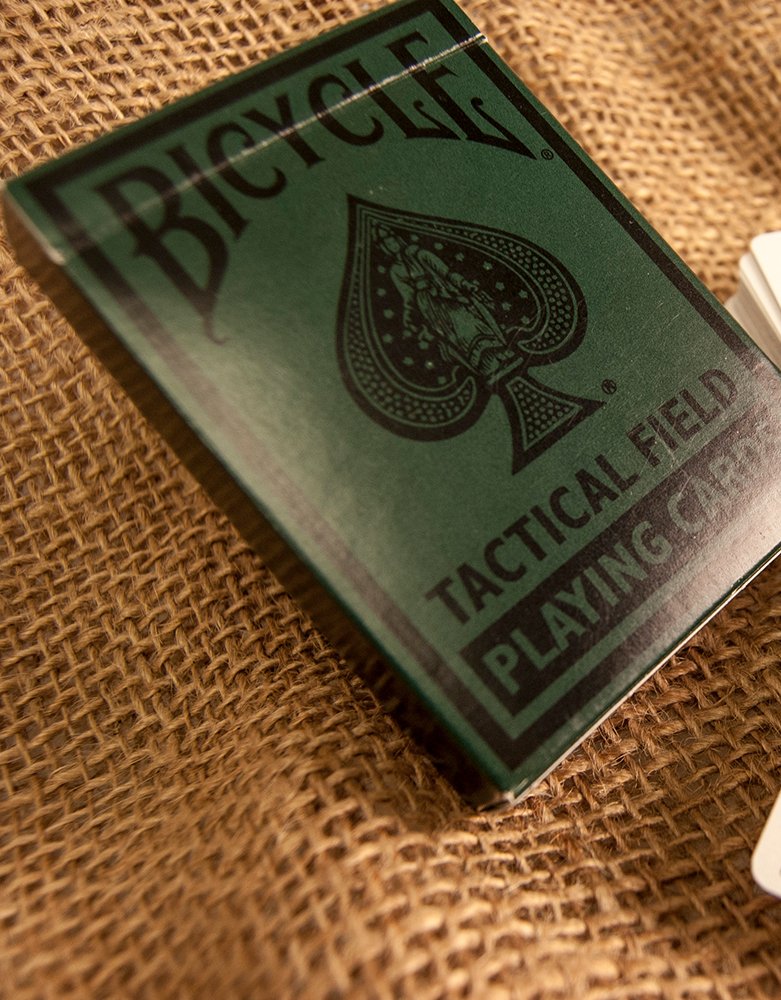 Bicycle Tactical Field Playing Cards Jungle edition with camo print for stealthy, durable play.