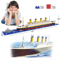 BIDIUTOY Titanic model with micro bricks and color guide during assembly.