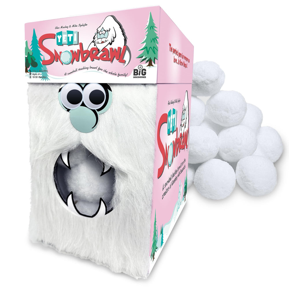 Big Discoveries Yeti Snowbrawl box front showing 40 snow balls for quick setup.